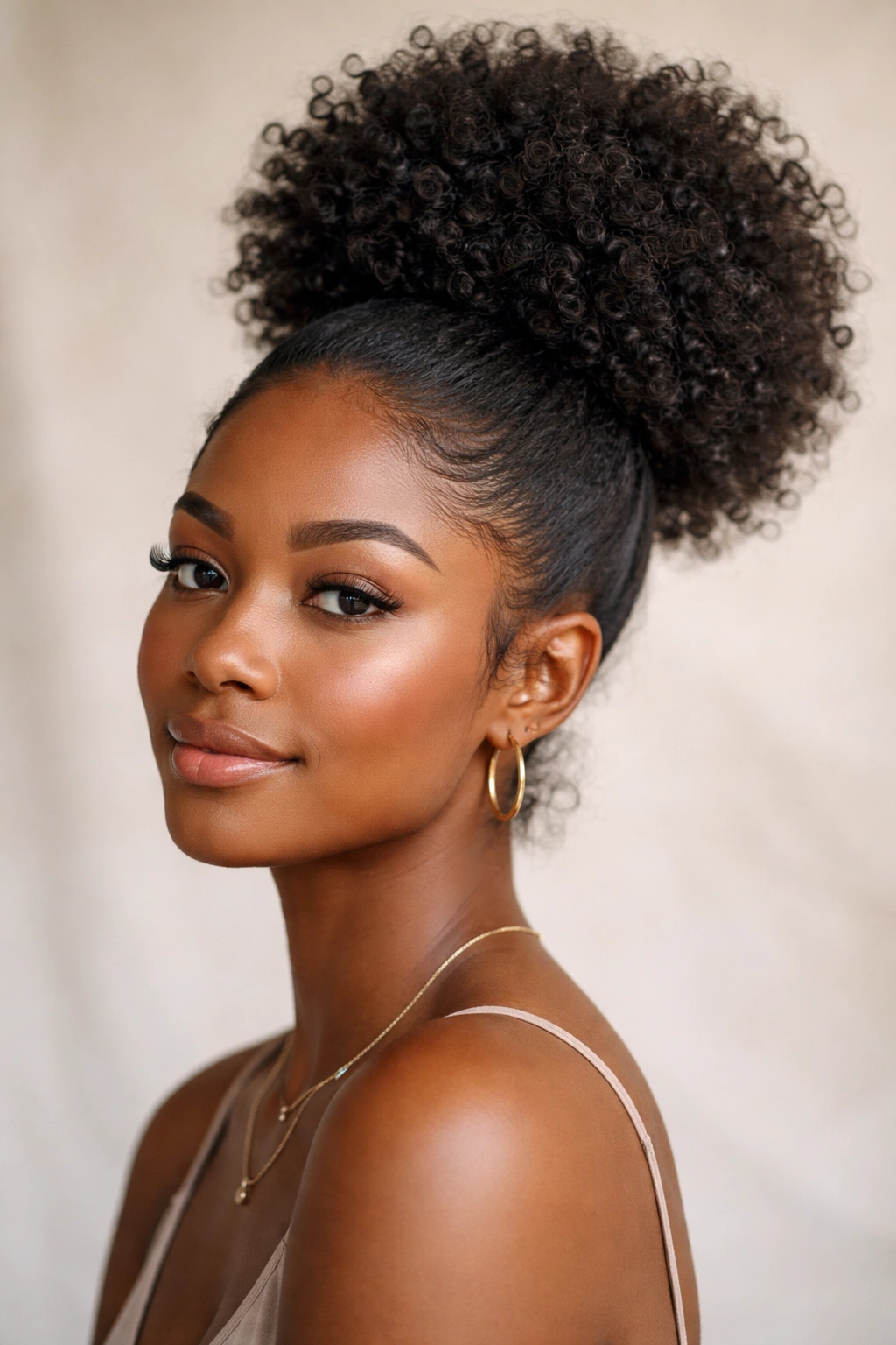 Close-up of protective puff hairstyle with hair gathered into a high crown