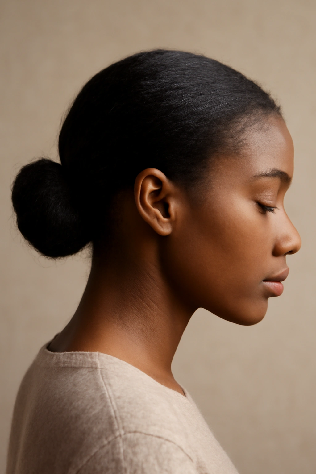 Close-up of natural hair ends tucked into a protective bun