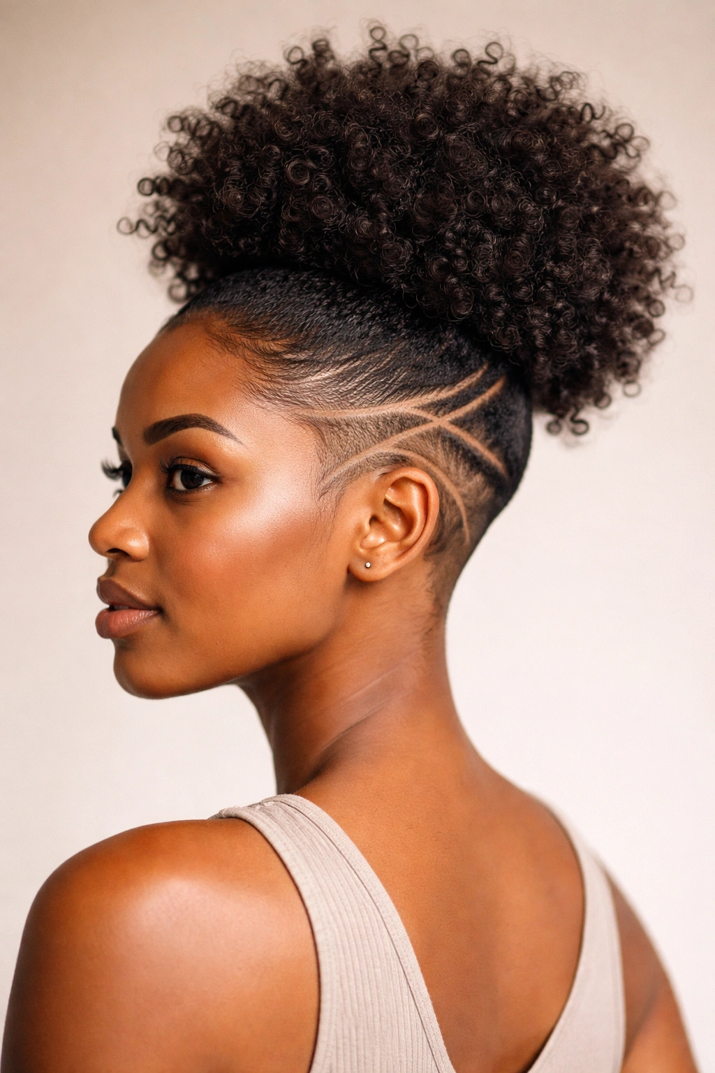 Side view of a high puff with shaved geometric lines