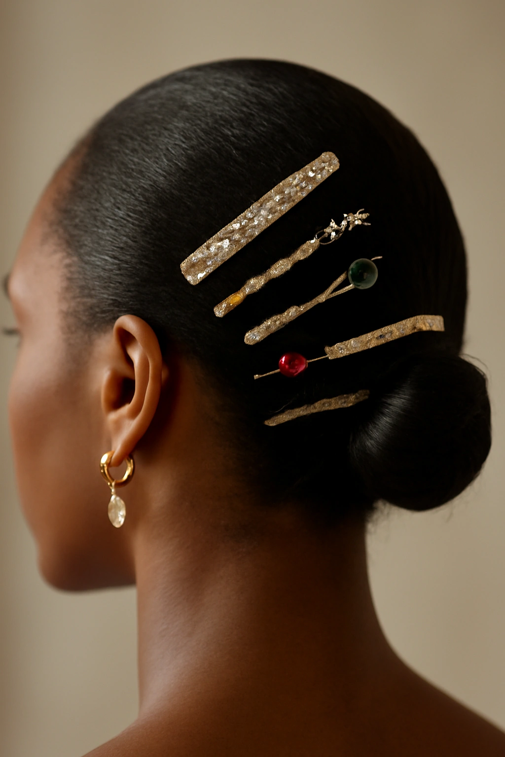 Close-up of an accessorized pushback hairstyle with metal clips and rhinestone jewelry