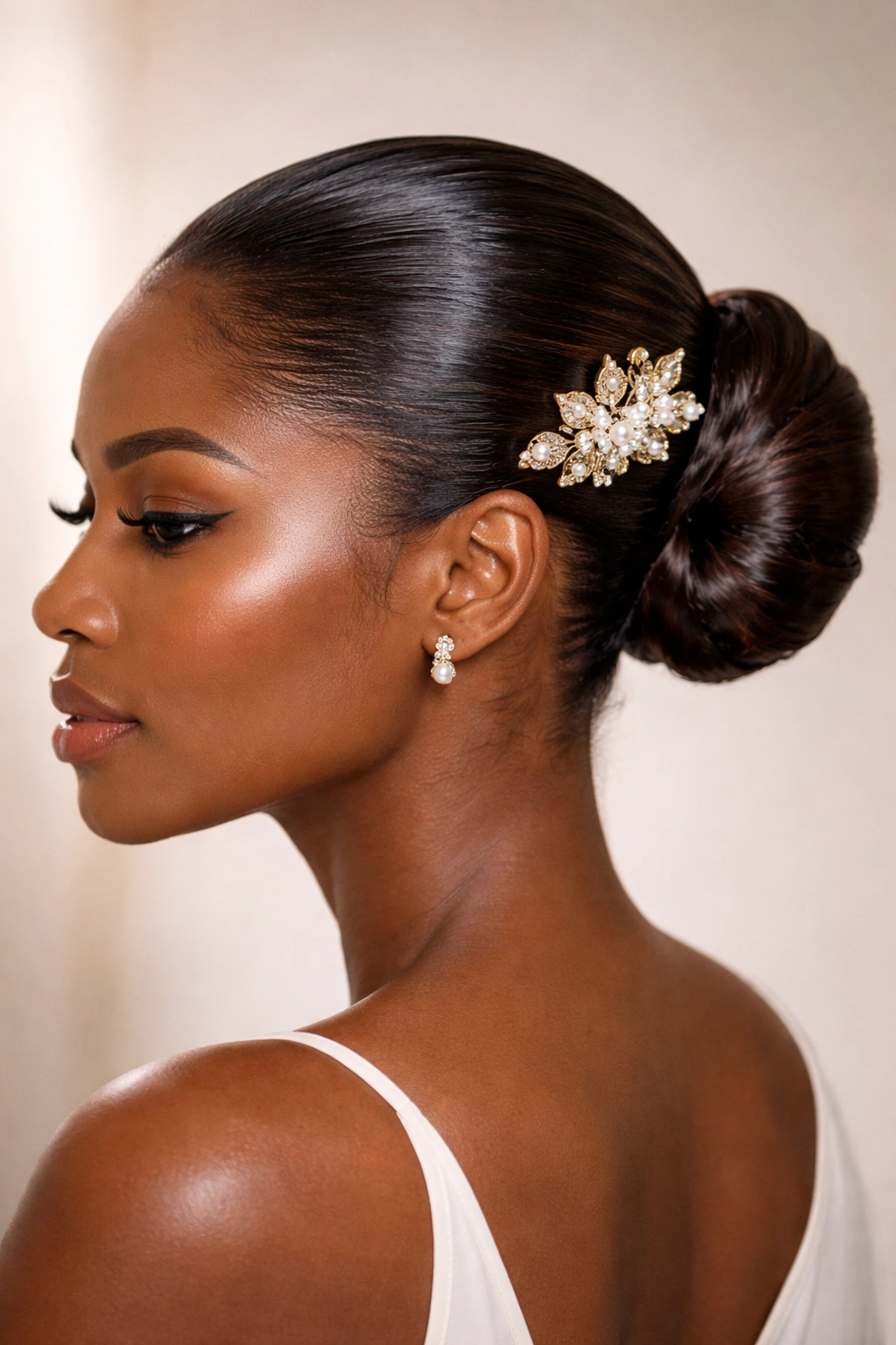 Polished pushback with a decorative hair pin and glossy hair