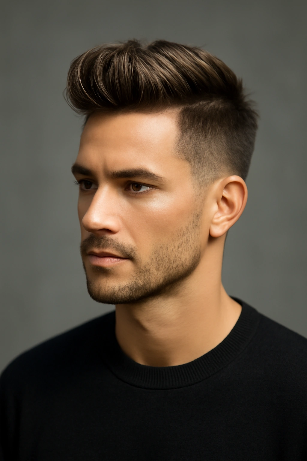 Portrait of a man with a quiff featuring a high, swept-up front