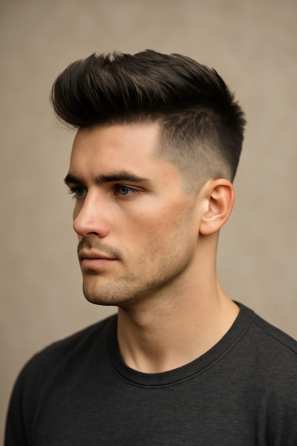 Portrait of a structured quiff undercut with a tall, sculpted quiff