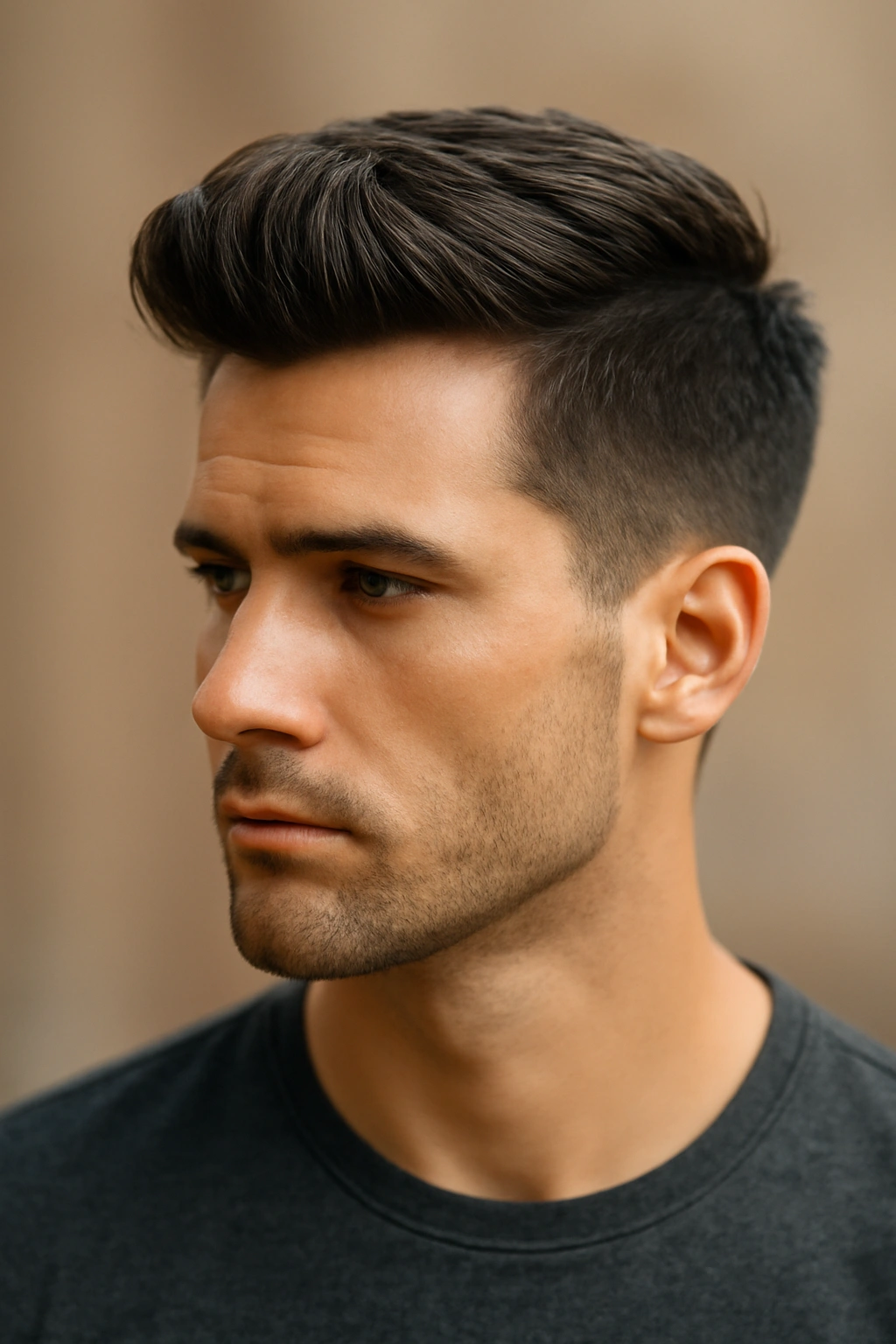 Close-up of male head with voluminous quiff and shorter sides