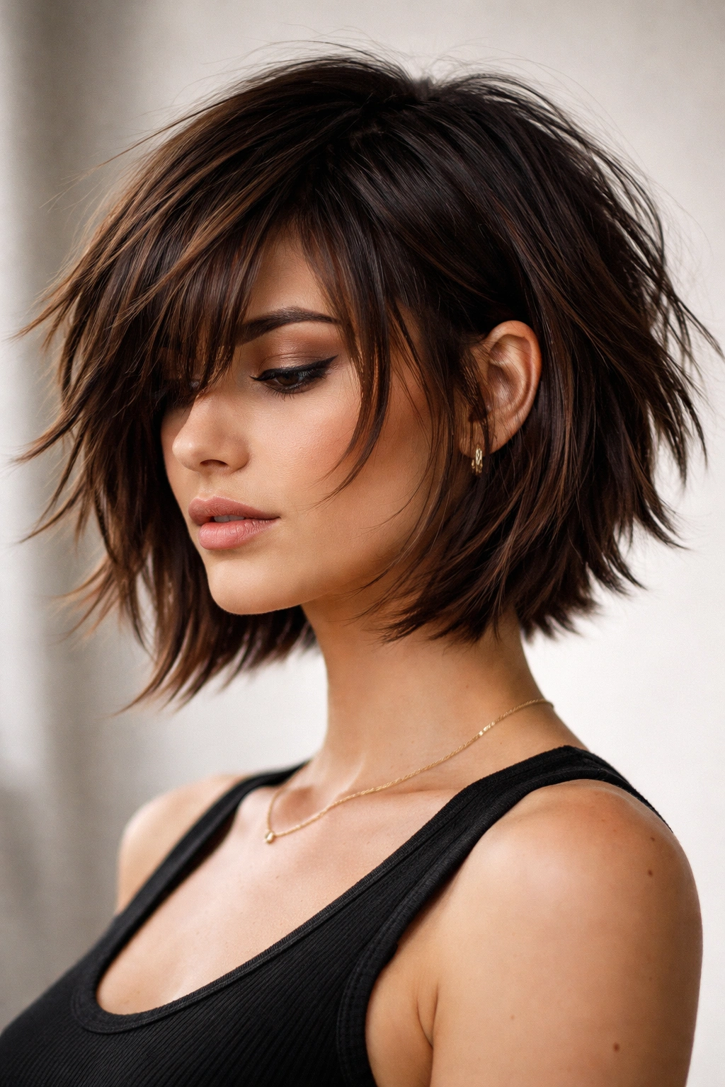 Razor-cut choppy layered bob with defined texture on thick hair