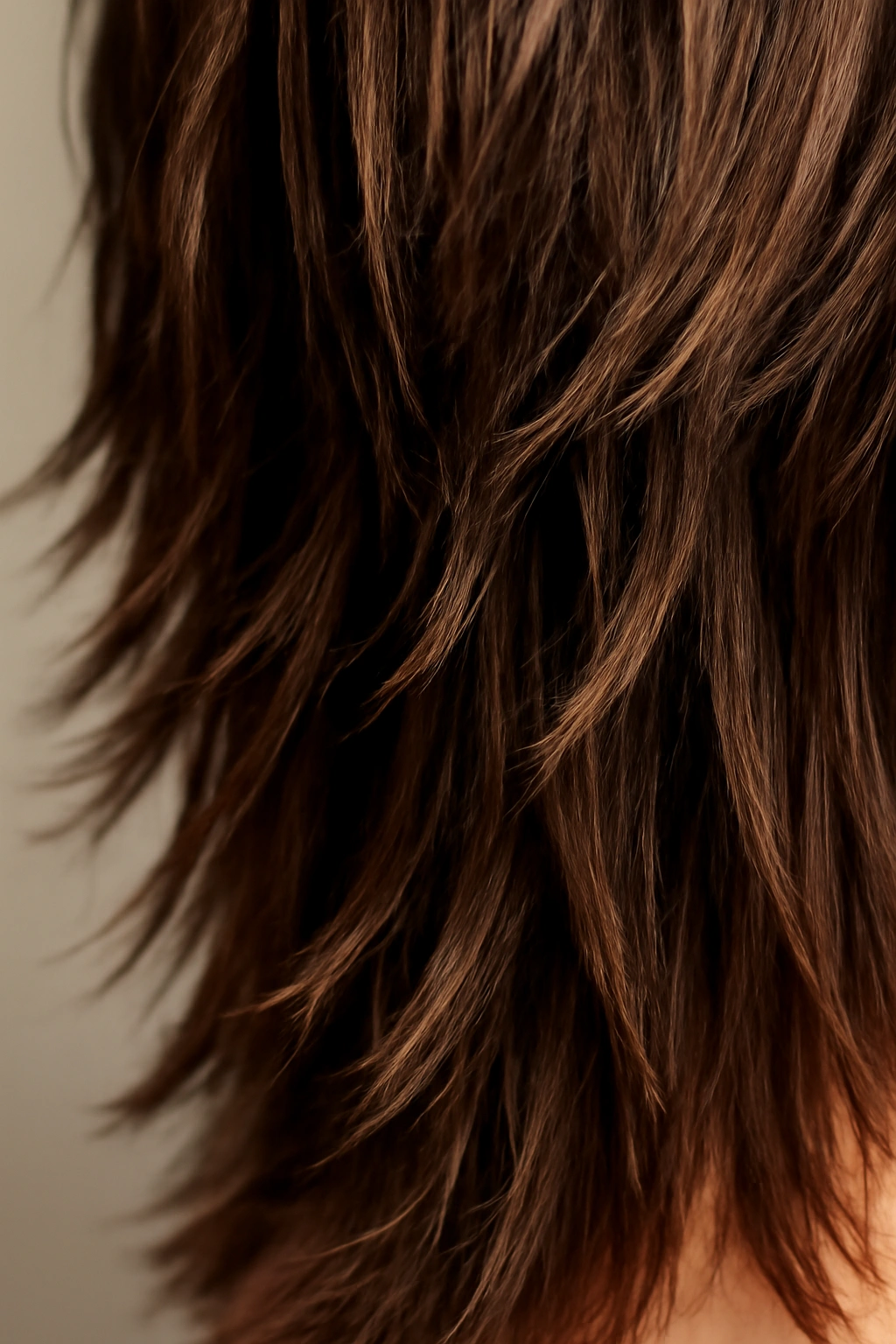 Close-up of razor-cut layered hair with sharp texture