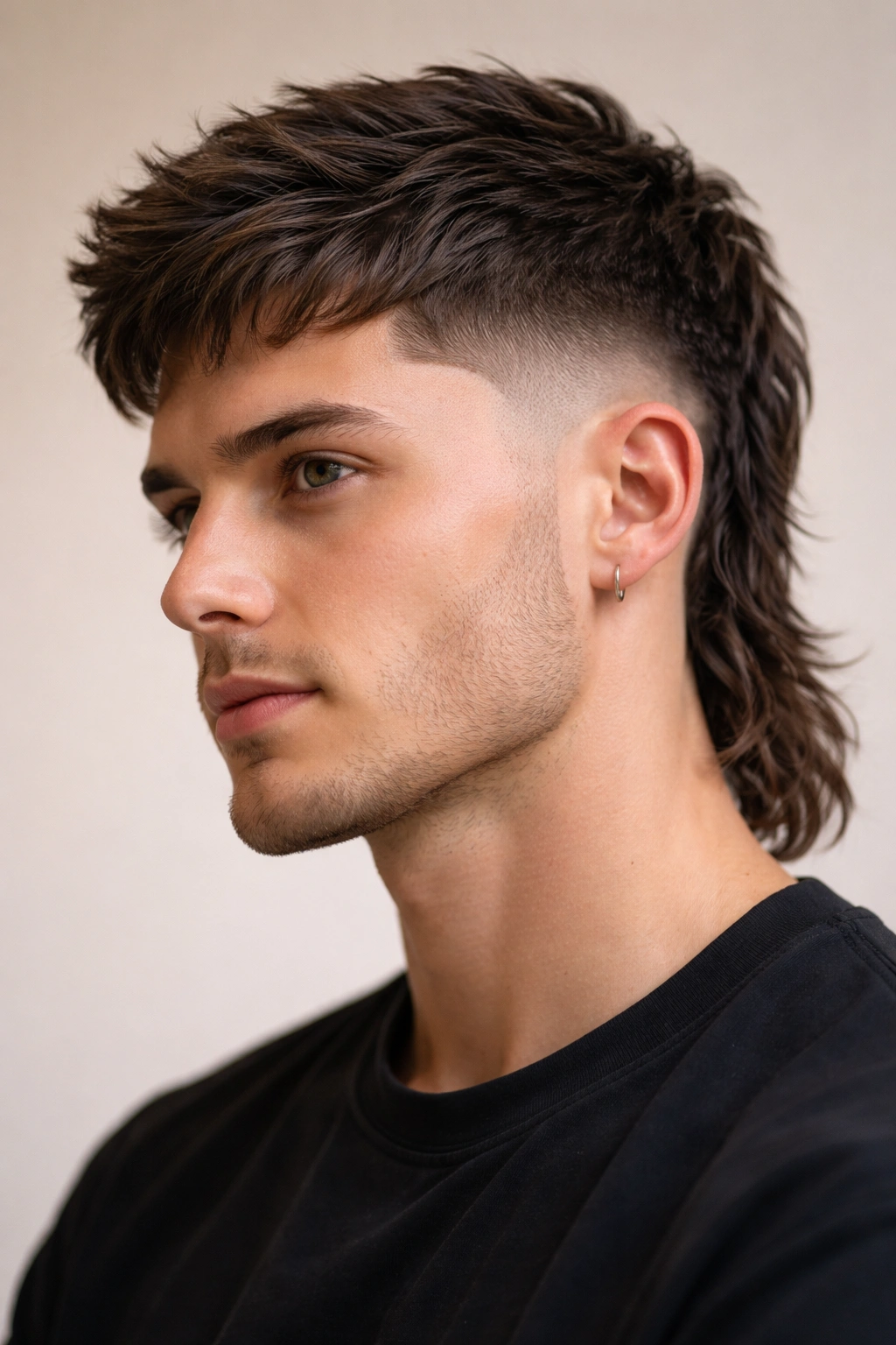 Close-up of razor-finished mullet showing crisp lines and smooth blend
