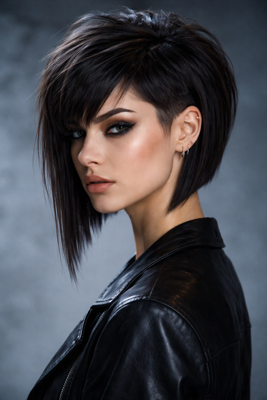 Portrait of a person with a razor sharp disconnected bob showing a dramatic top and longer bottom.