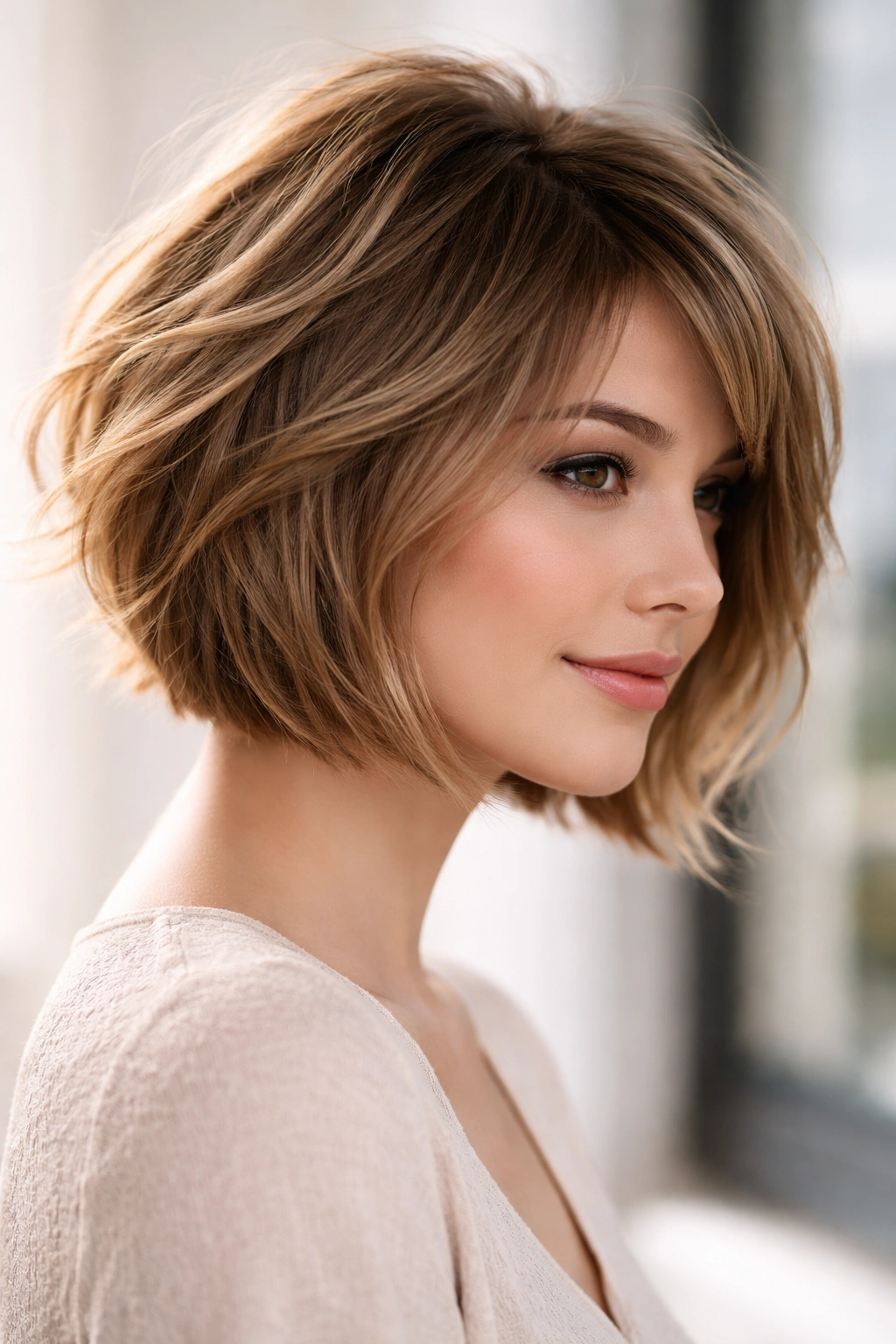 Razored bob with movement on pear-shaped face showing crown texture
