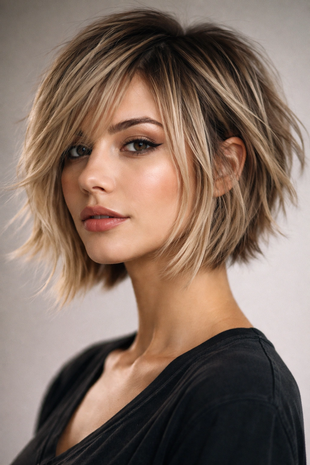 Close-up portrait of a model with a razor-cut choppy bob showing razor-textured layers