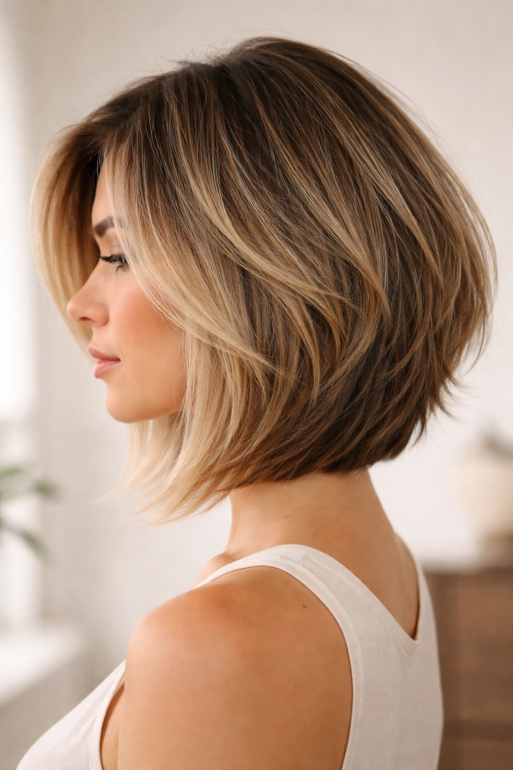 Shoulder-length razored feathered angle with soft wispy layers