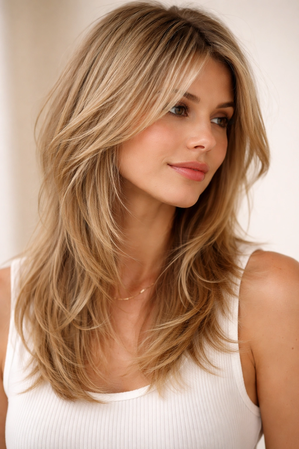 Close-up of fine hair with feathered razor layers for added volume