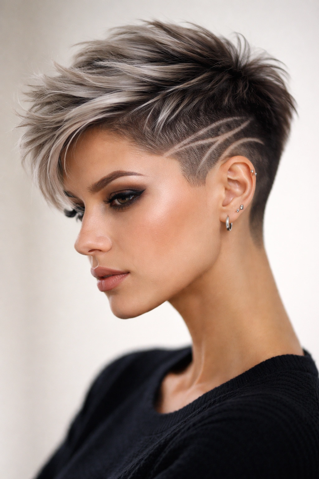 Razored pixie cut with temple designs shaved on the sides.