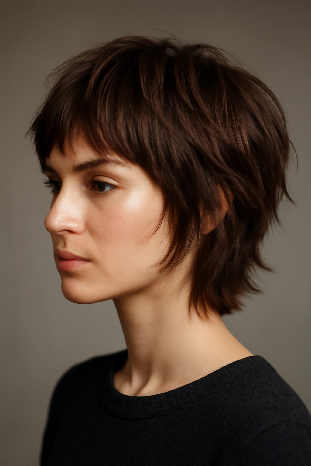 Portrait of a person with a modern shag cut and razored edges showing texture and movement.