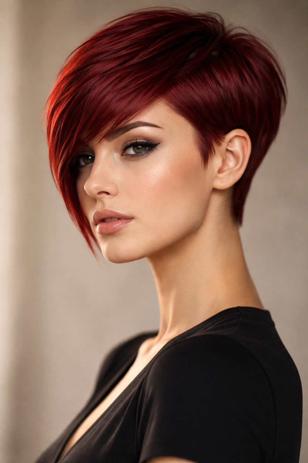 Portrait of a person with a red A-line pixie showing a structured angled silhouette.