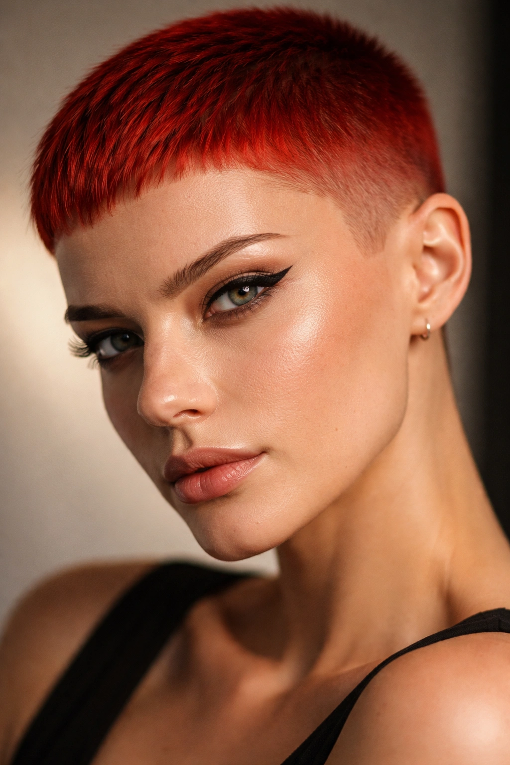 Close-up portrait of red blunt micro pixie haircut showing scalp texture and facial features.