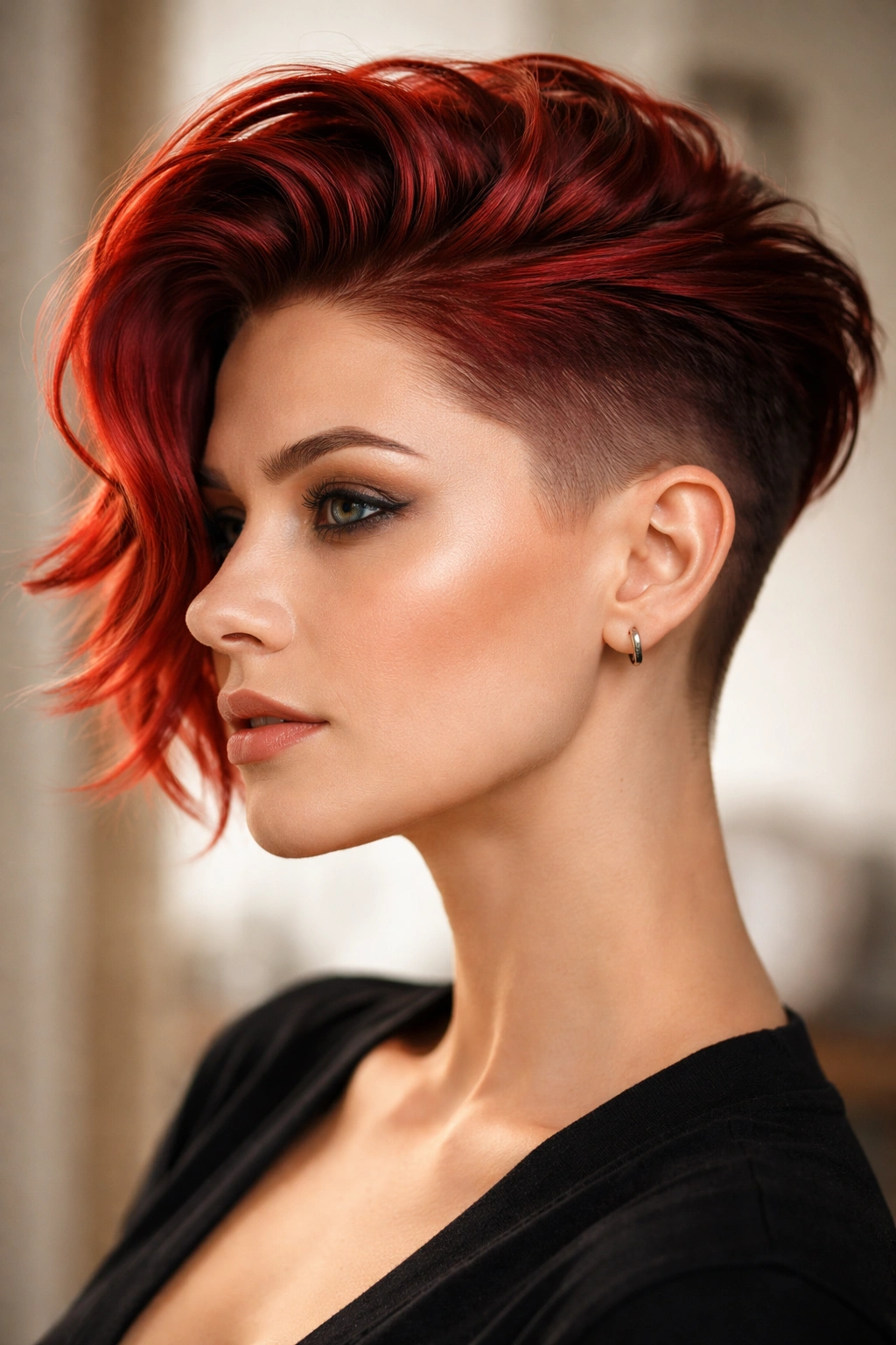 Portrait of red hair swept-back undercut crop showing movement and depth.