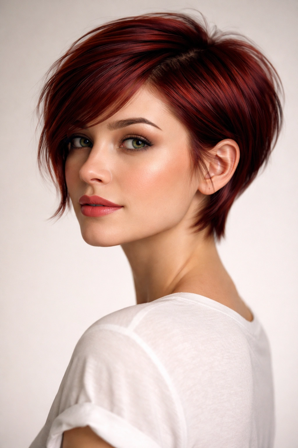 Red grown-out pixie showing transitional length with face-framing.