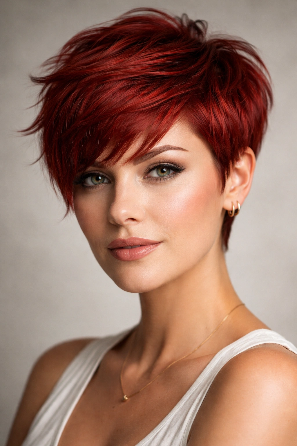 Close-up of a person with a vivid red classic pixie cut featuring textured layers.
