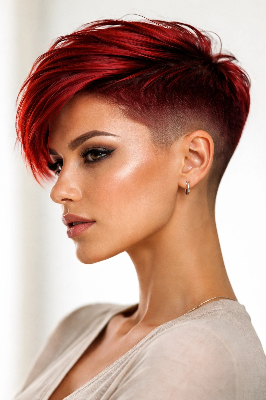 Portrait of a person with a sleek red pixie fade showing a strong fade on the sides.