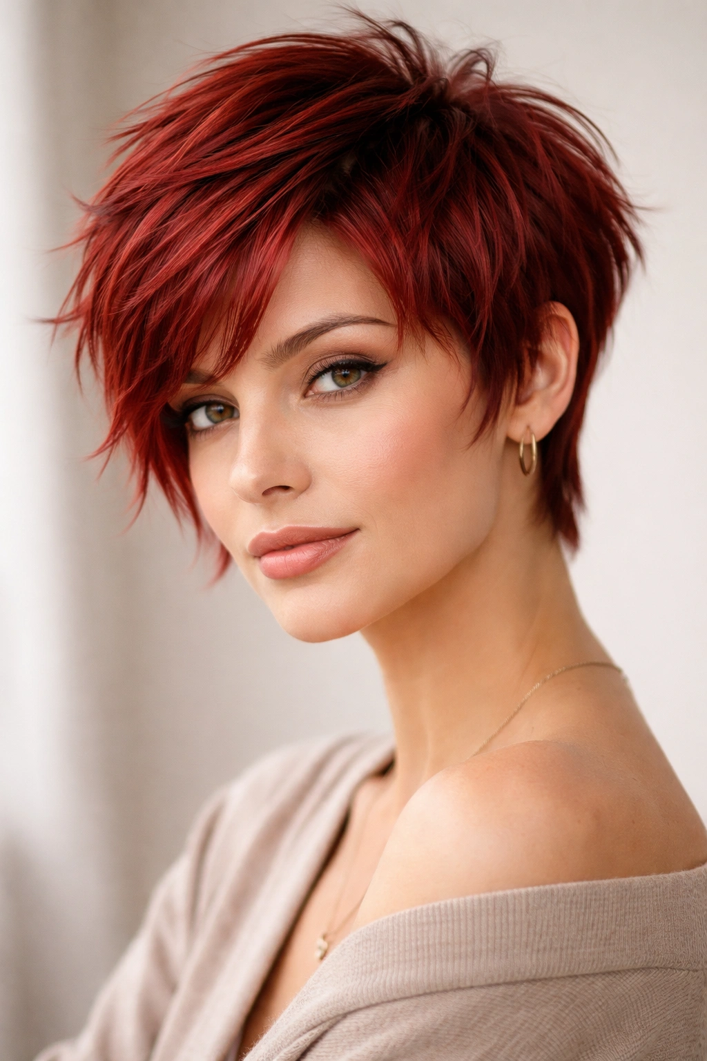 Red feathered pixie with face-framing layers around the face in studio portrait.