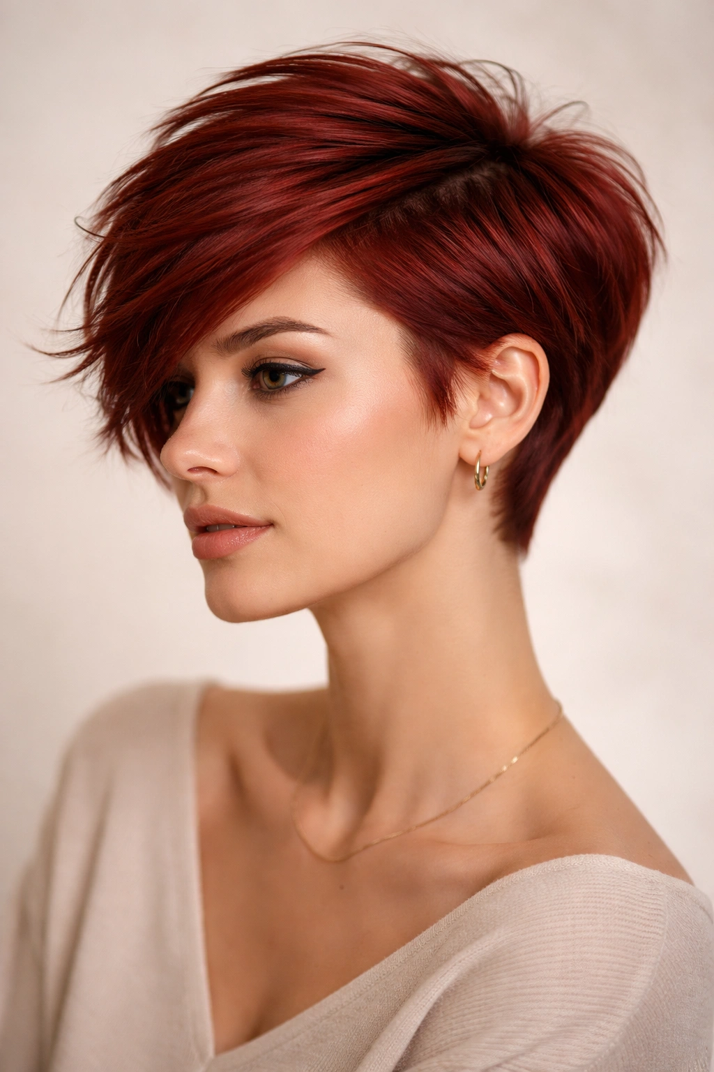 Red side-swept textured pixie with angled fringe.