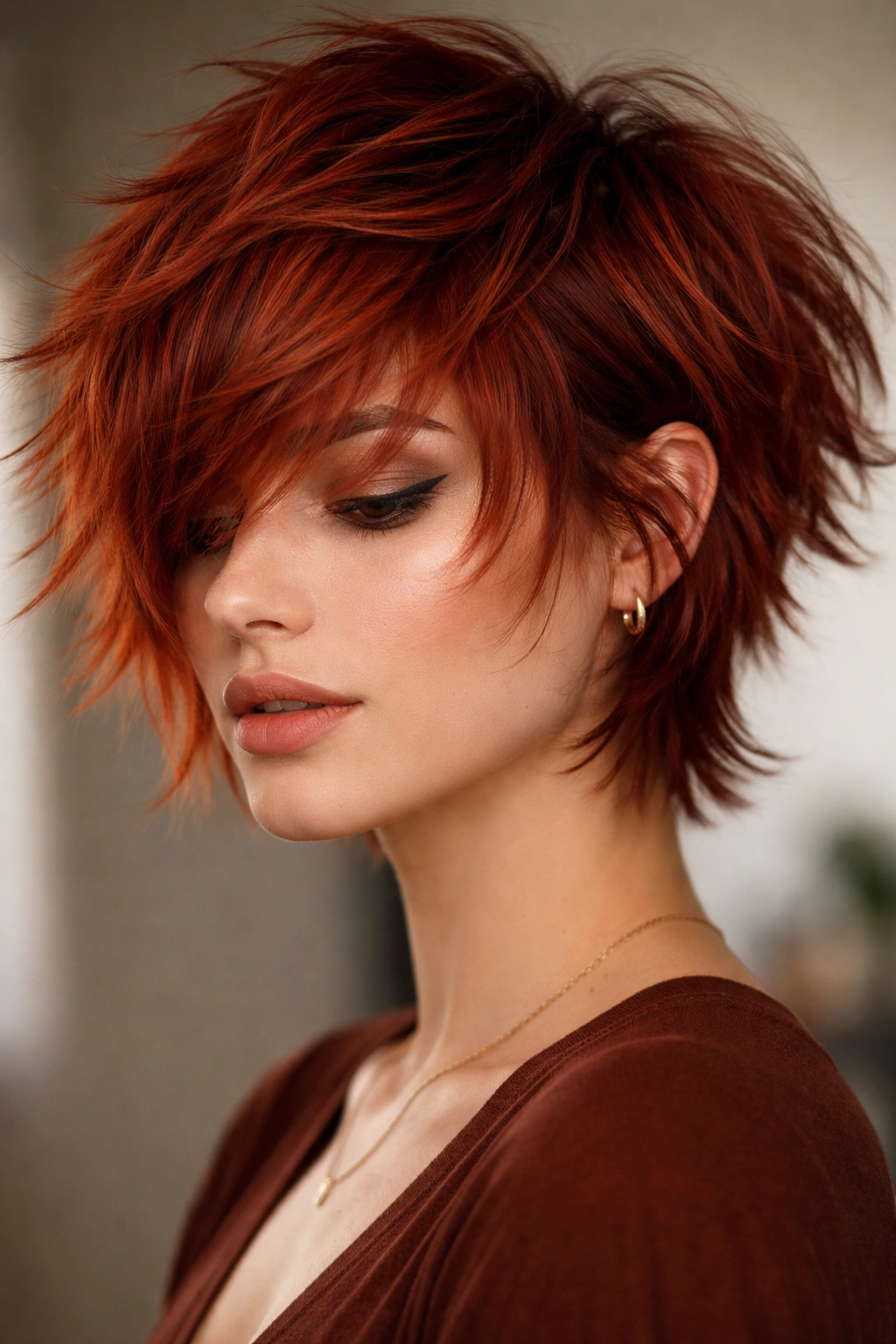 Close-up of a red shaggy crop with multiple lengths and textured movement.