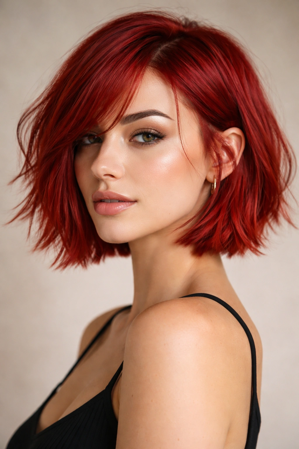 Portrait of a person with a textured chin-length red bob with choppy ends.