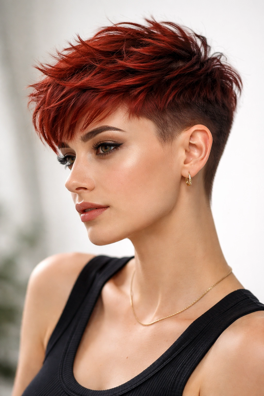 Close-up of a person with a textured red crop and longer top, showing tapered sides.