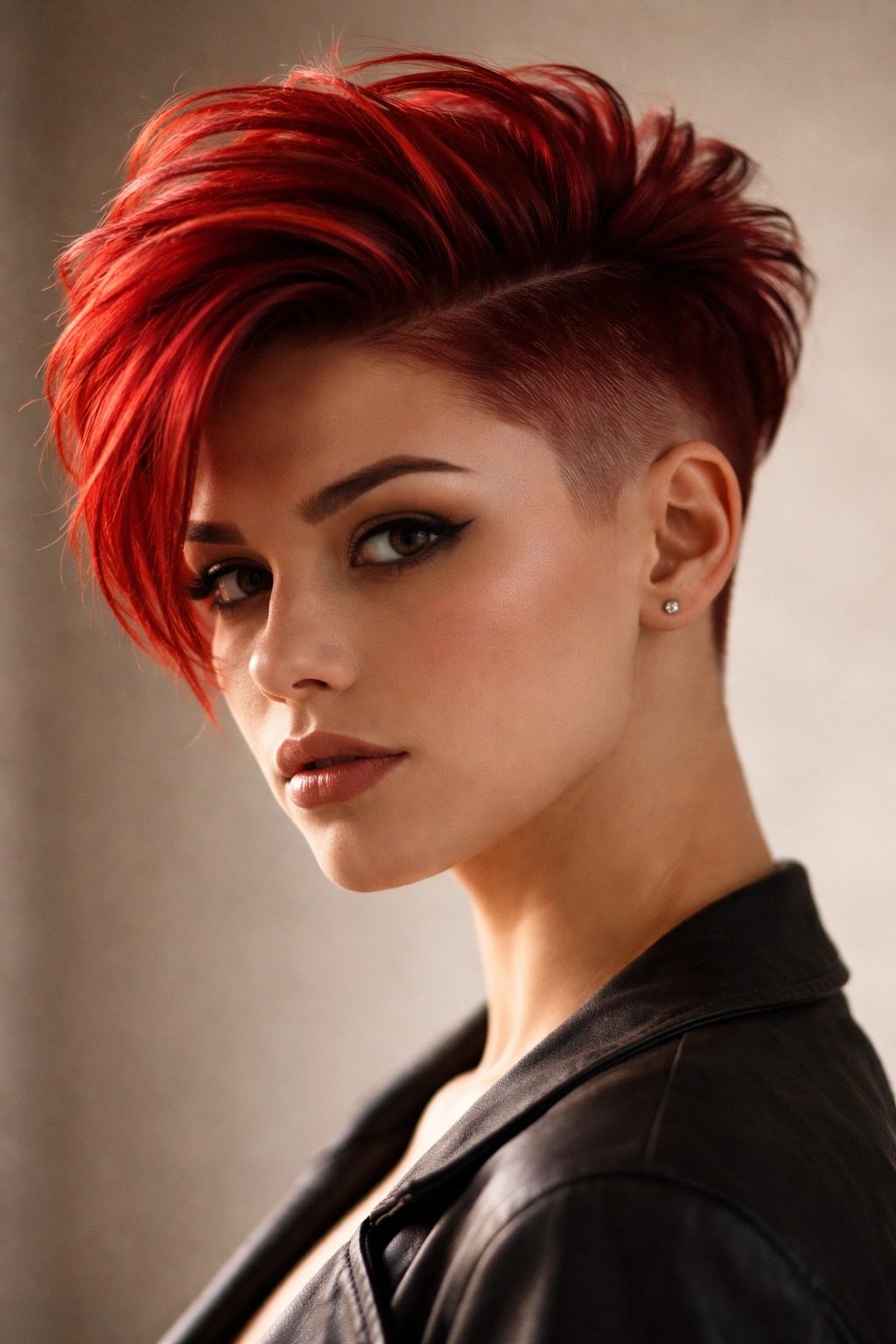 Close-up portrait of bold red hair with a disconnected undercut (long top and shaved sides).