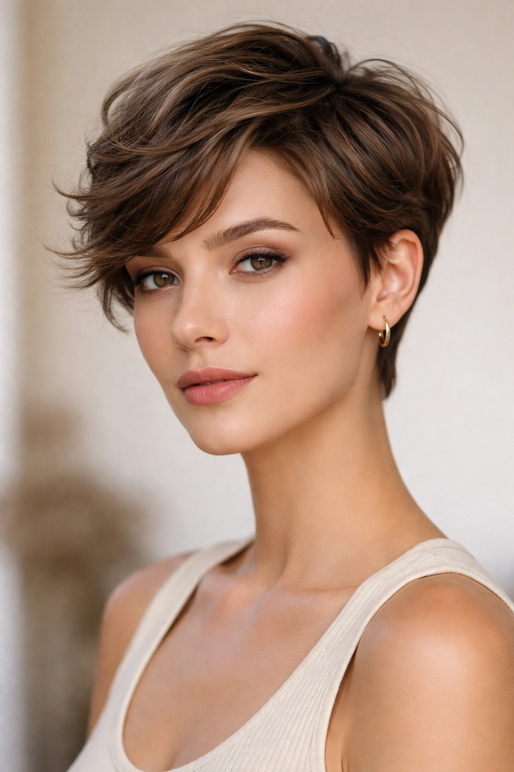 Close-up of Refined Pixie with Soft Face-Framing Layers showing short sides and soft front layers