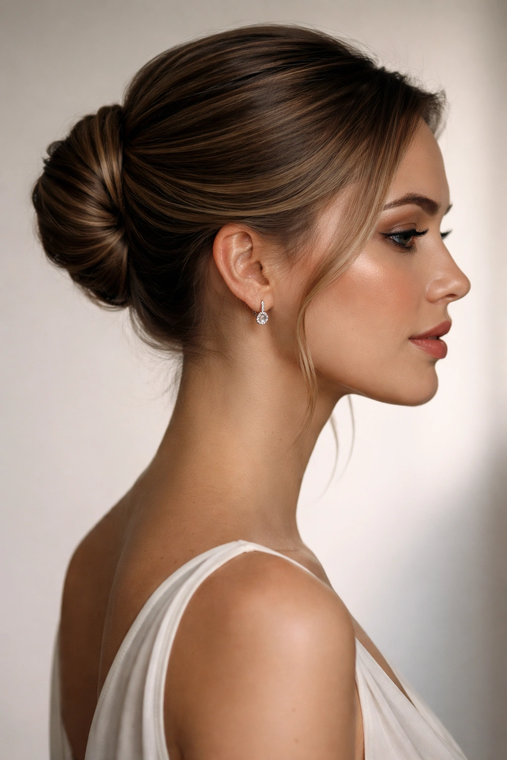 Portrait featuring a refined updo with a clean, elegant silhouette