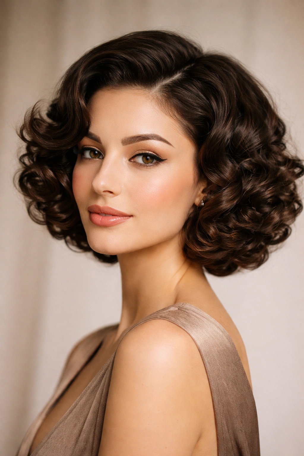 Polished retro curly bob with clearly defined curls in a rounded silhouette.