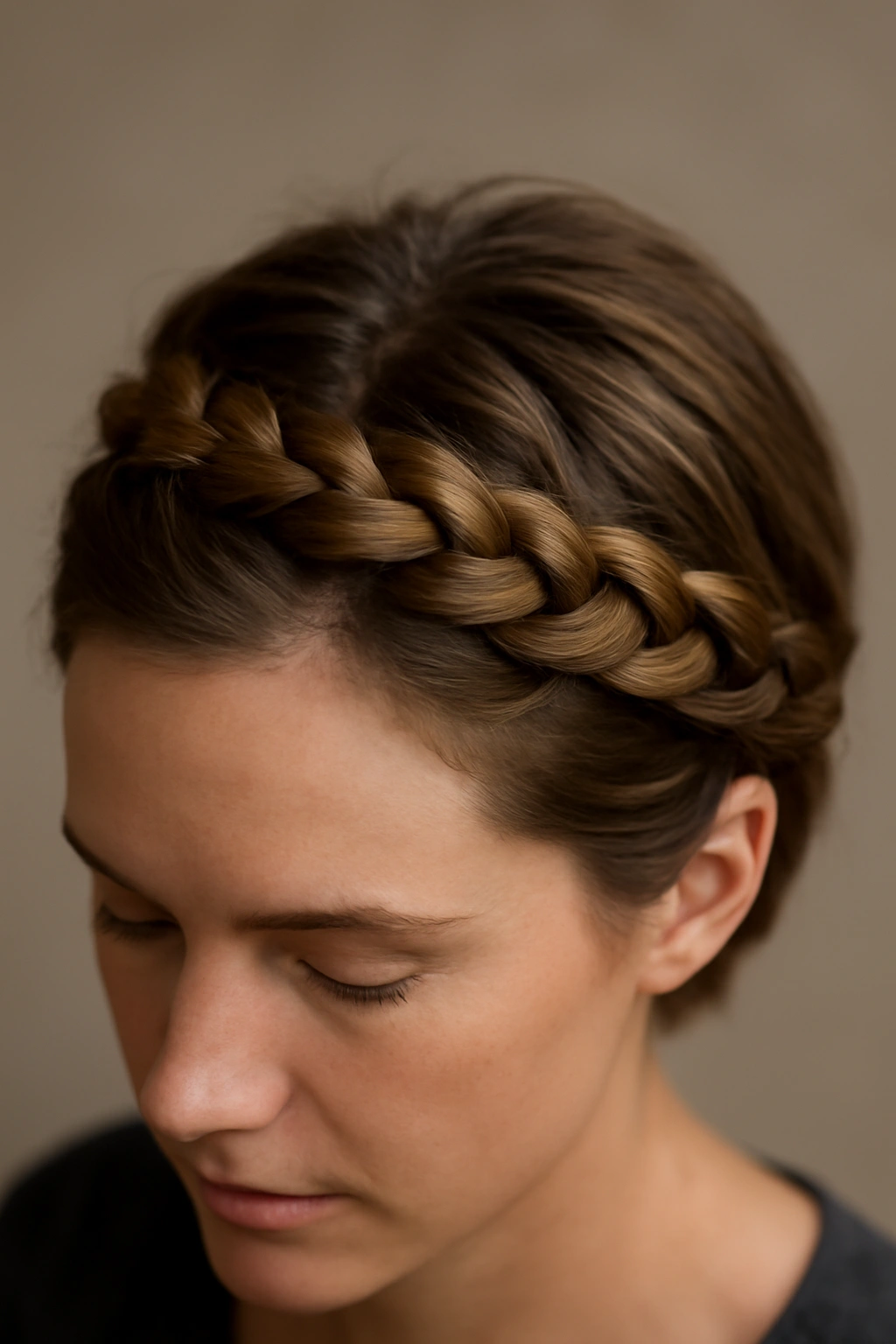Top-down crown braid forming a halo around the crown on short hair