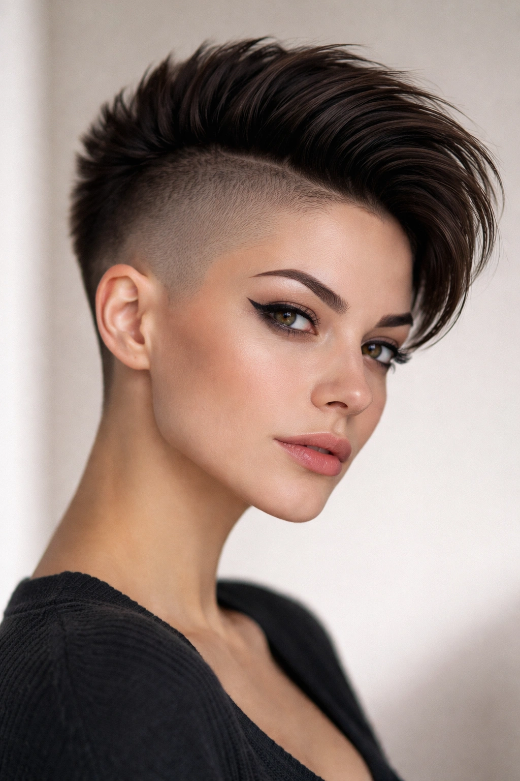 Close-up portrait of a model with reverse fade pixie, shaved crown and voluminous sides