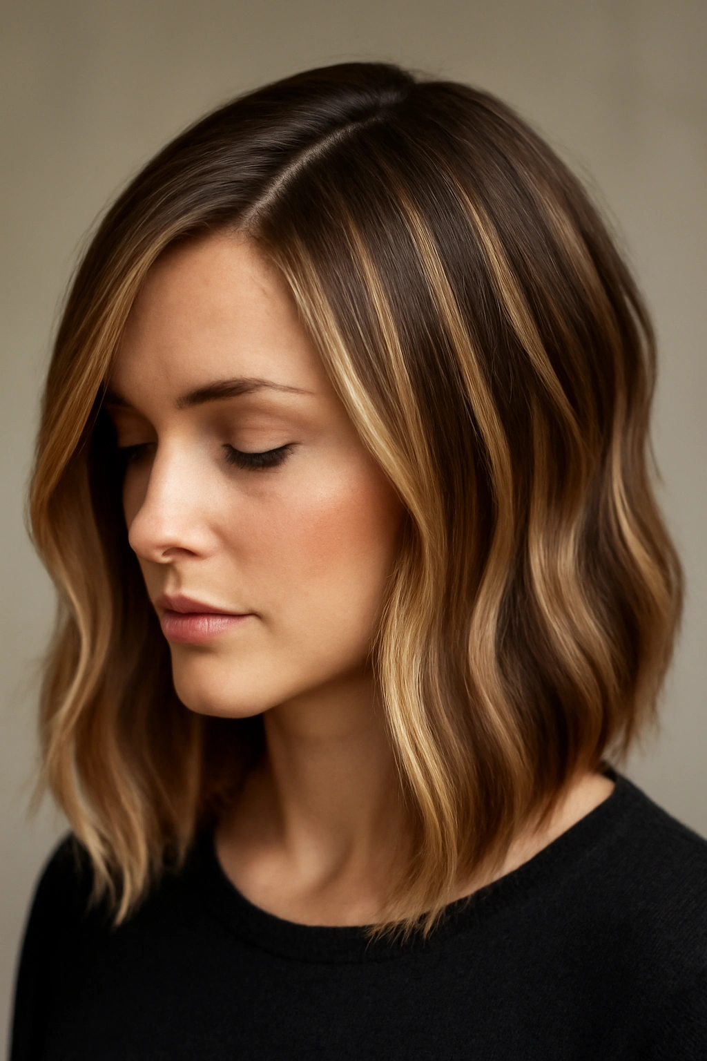 Side-parted hair with vertical ribbon balayage creating movement