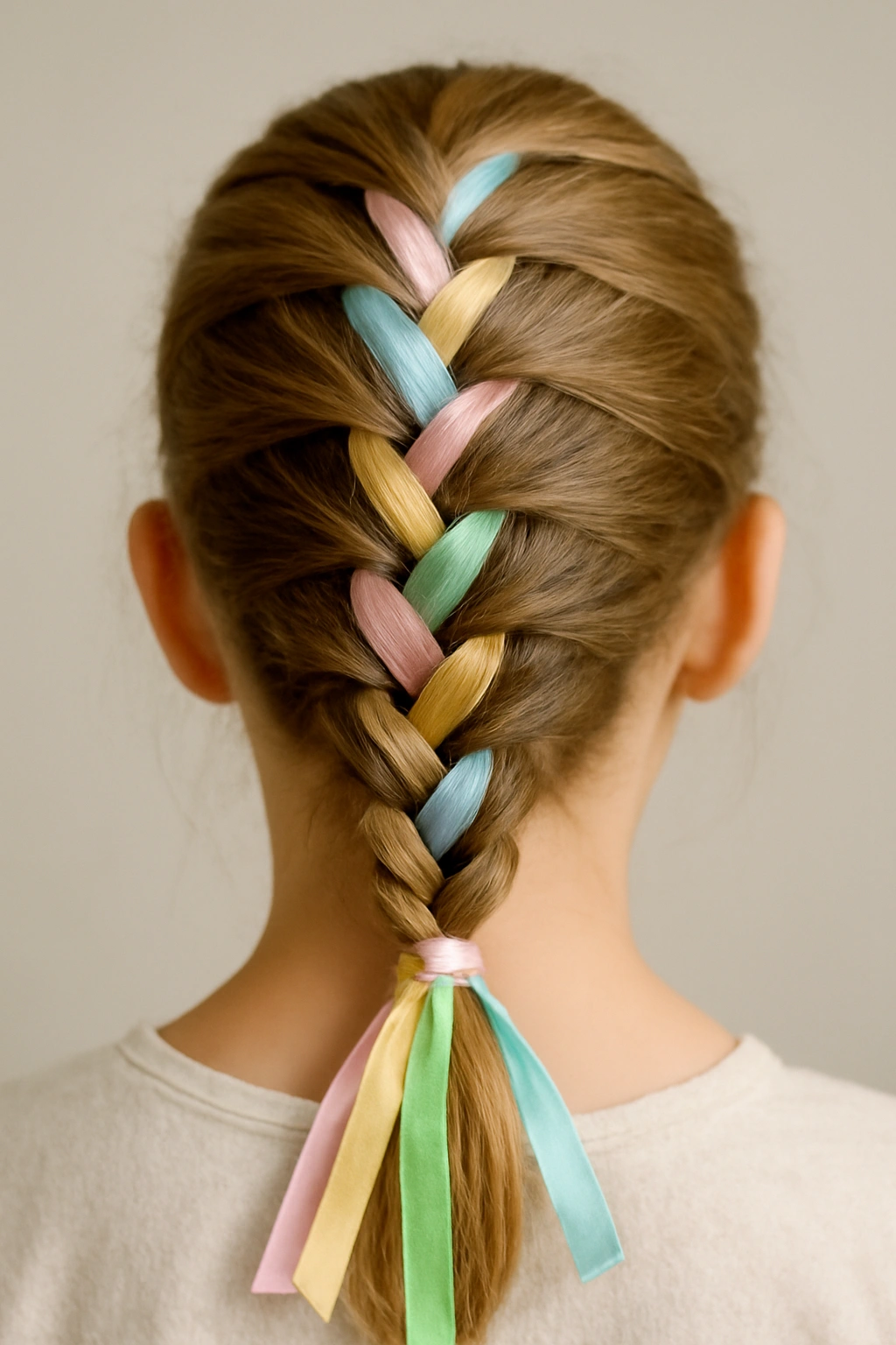 French braid with pastel ribbons woven through the strands