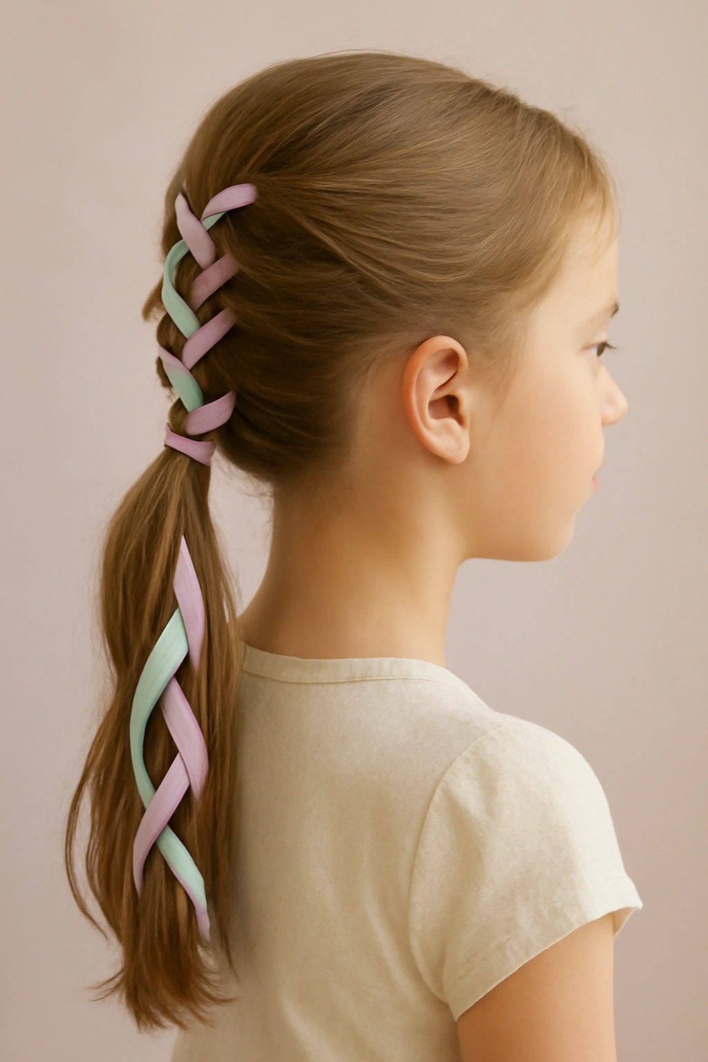 Ponytail with ribbons woven through for Easter