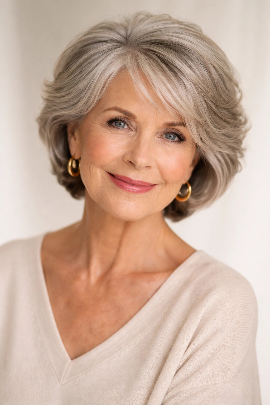 Mature woman with a flattering haircut suited to her face and hair texture
