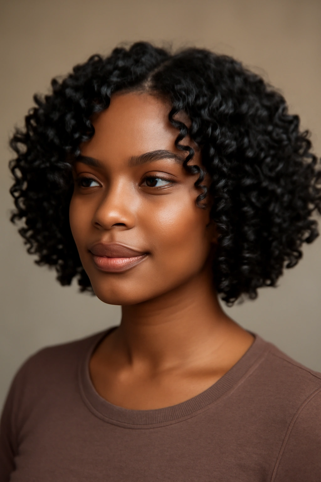 Bouncy chin-length ringlet bob on a Black woman.