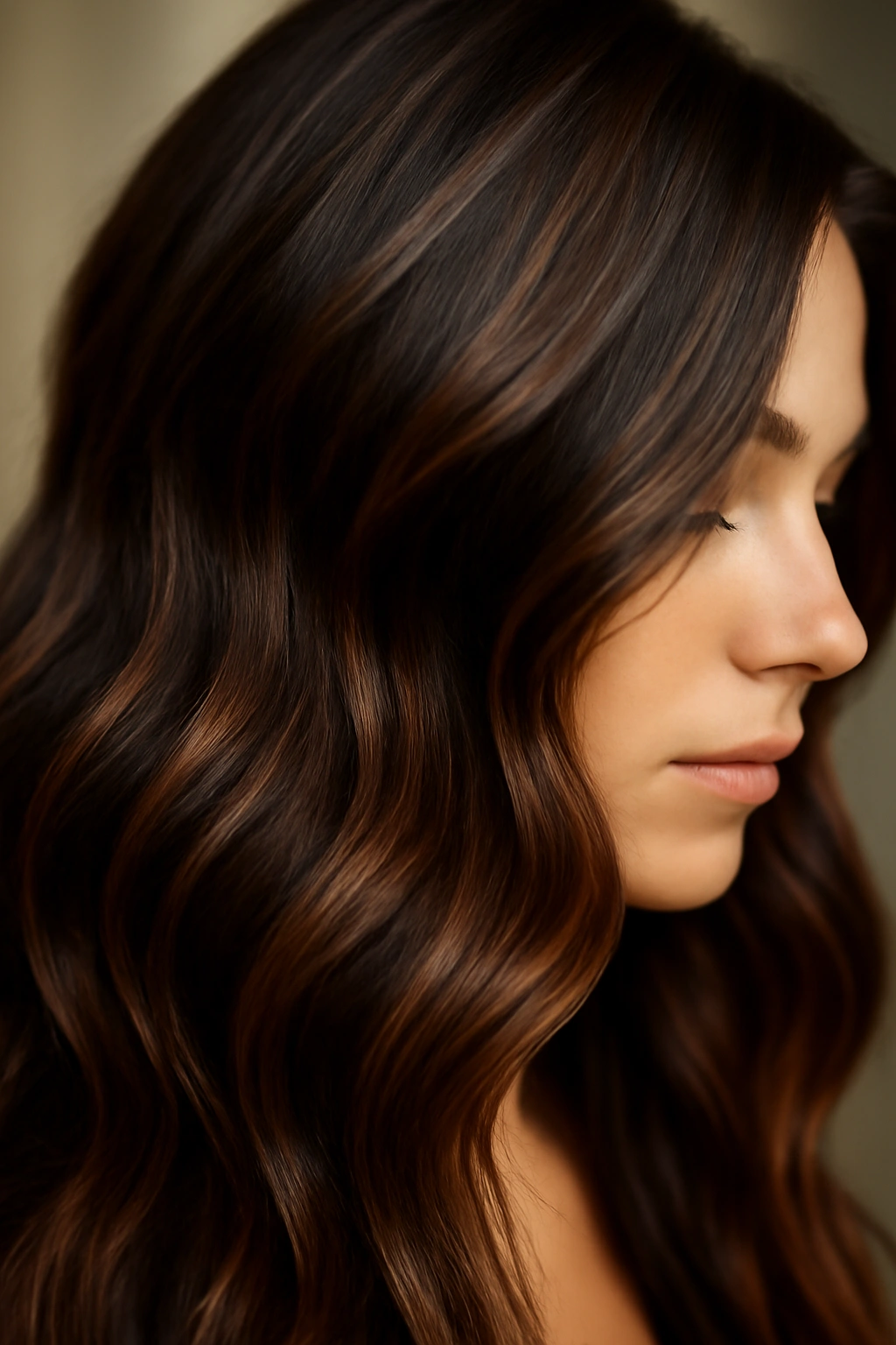 Dark cocoa hair with copper flecks catching light