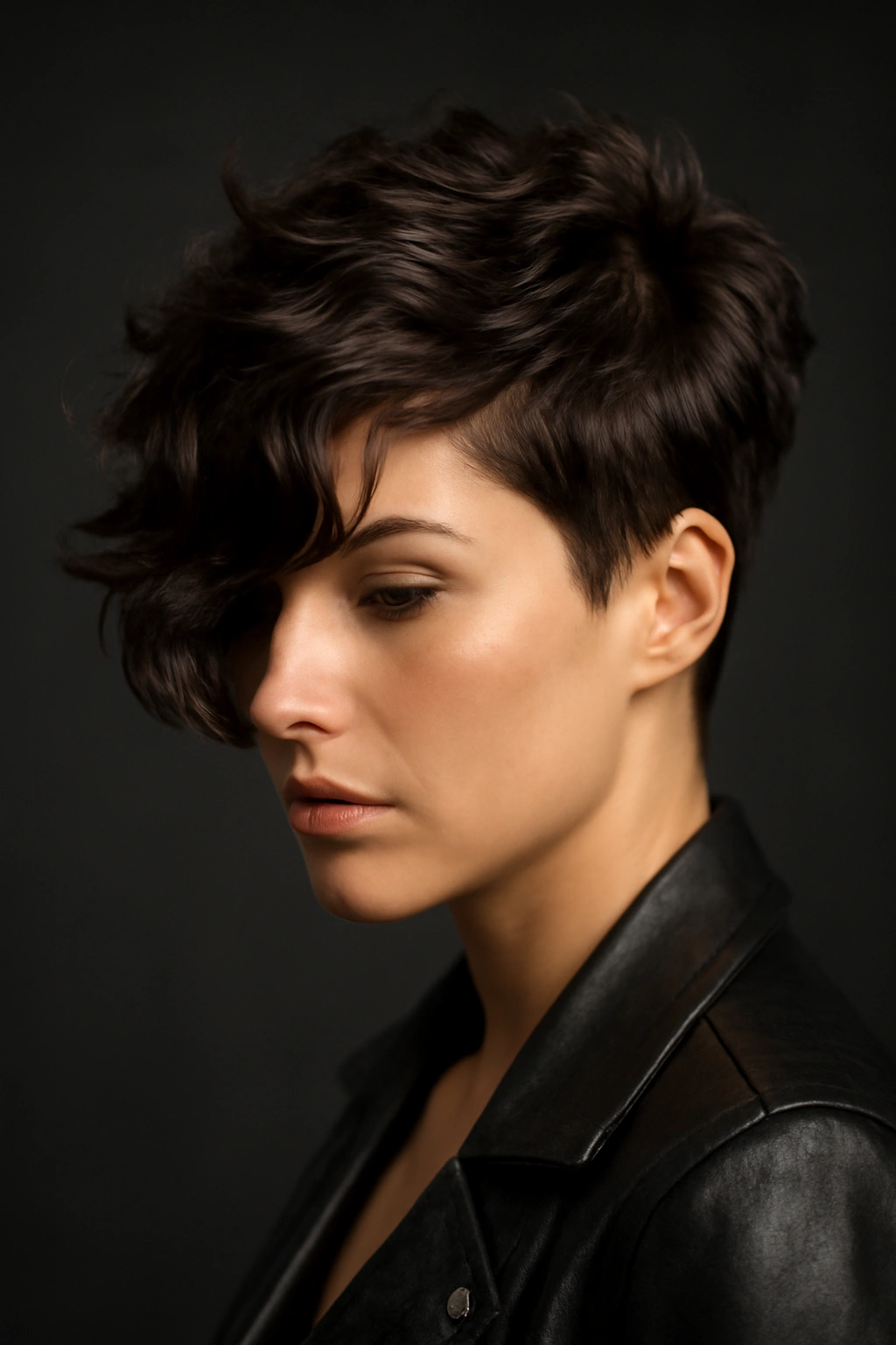Rocker chic wavy pixie with long front swept over eye and textured top