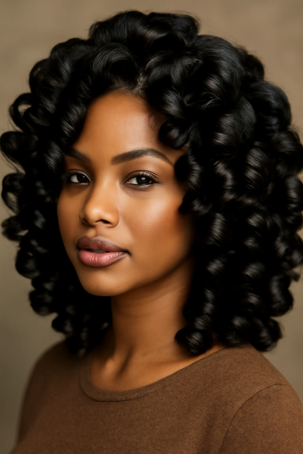 Glossy defined roller-set curls with bright shine.