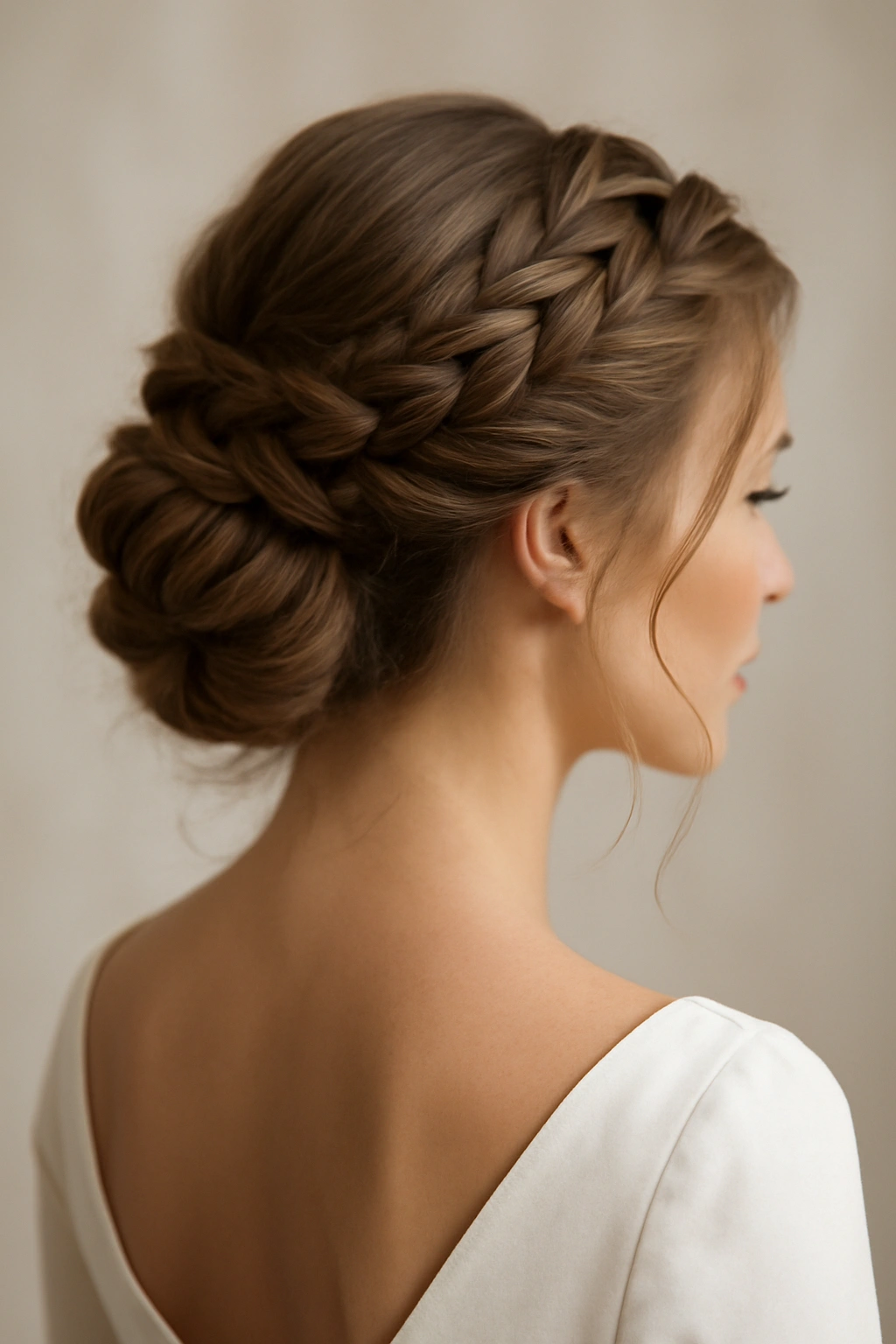 Close-up of a romantic braided updo with interwoven braids and loose waves