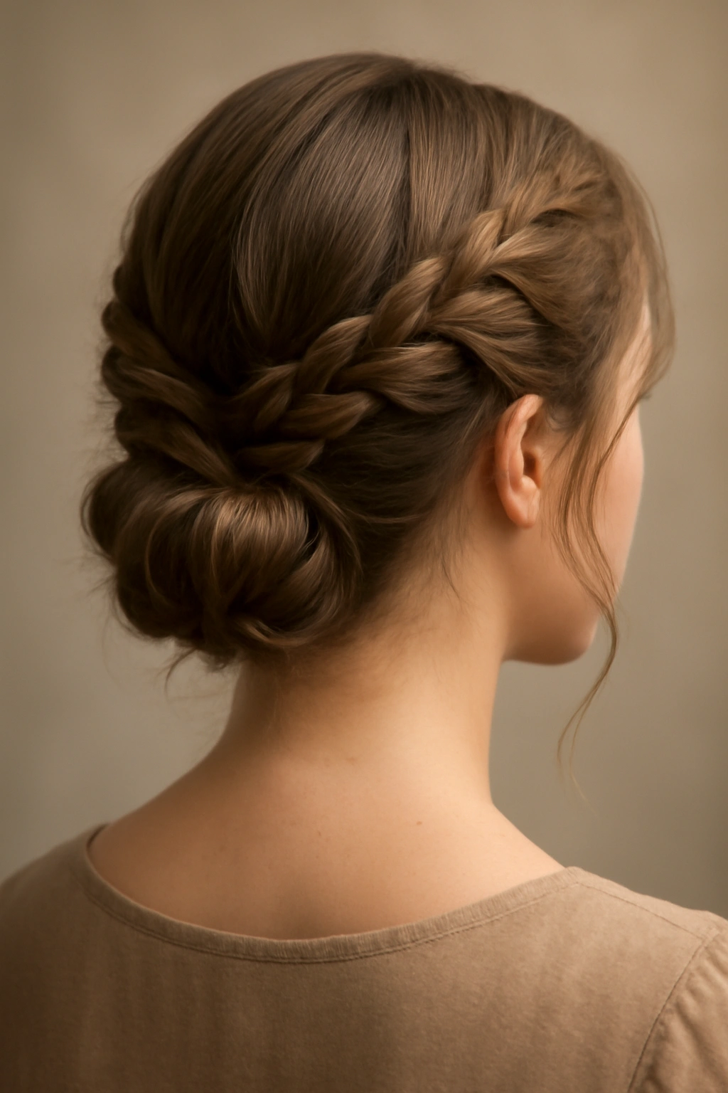 Shoulder-length hair braided from temples to crown, forming a romantic updo.