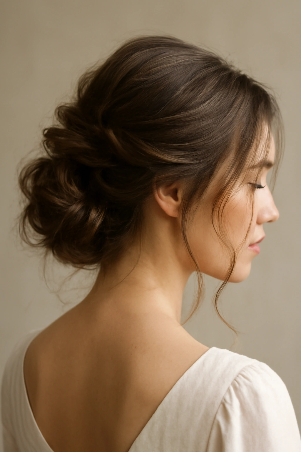 Close-up of soft romantic bridal updo with texture and movement