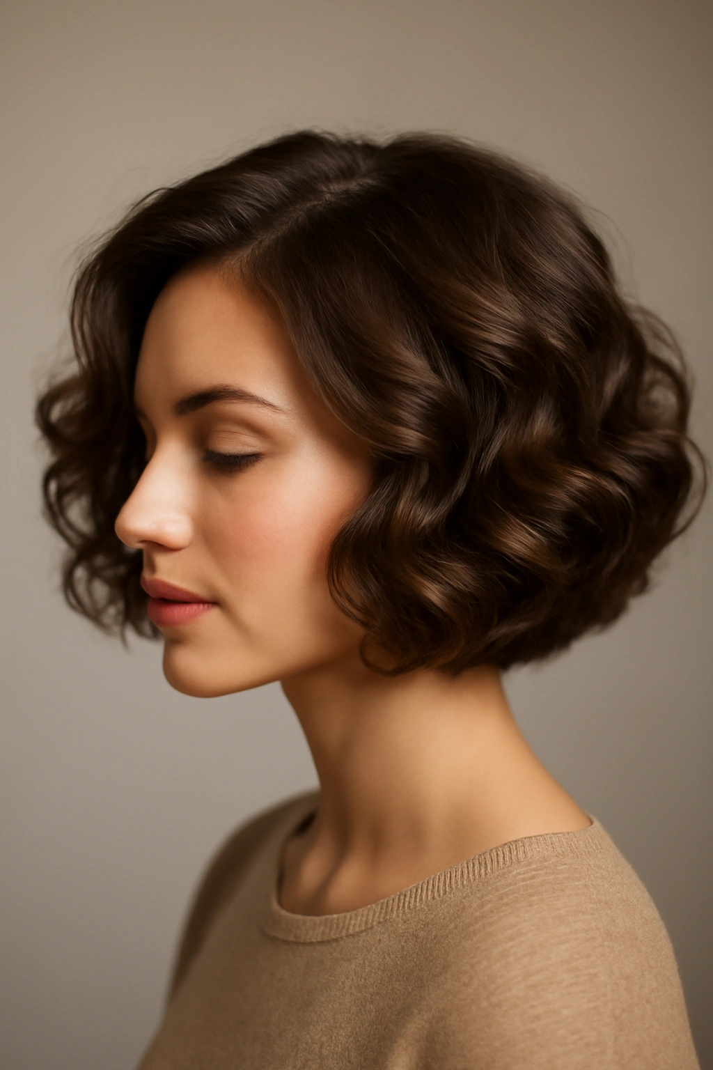 Romantic curled bob with soft volume and gentle waves in a studio setting