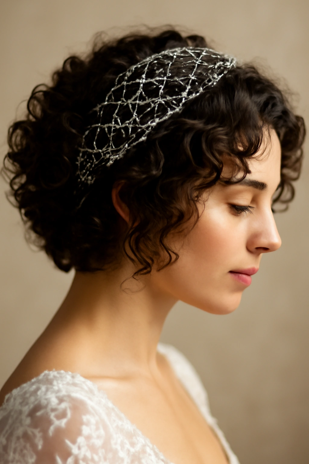 Romantic curls with a decorative hairnet placed over the crown