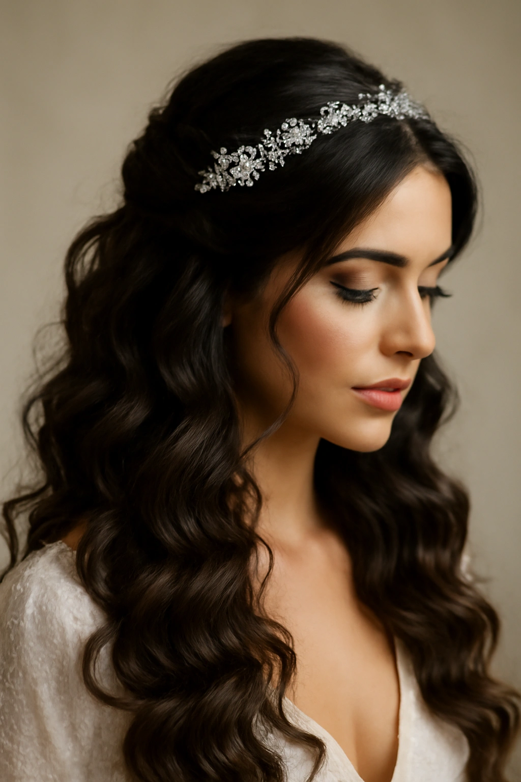 Romantic curls with decorative headpiece cascading over shoulders