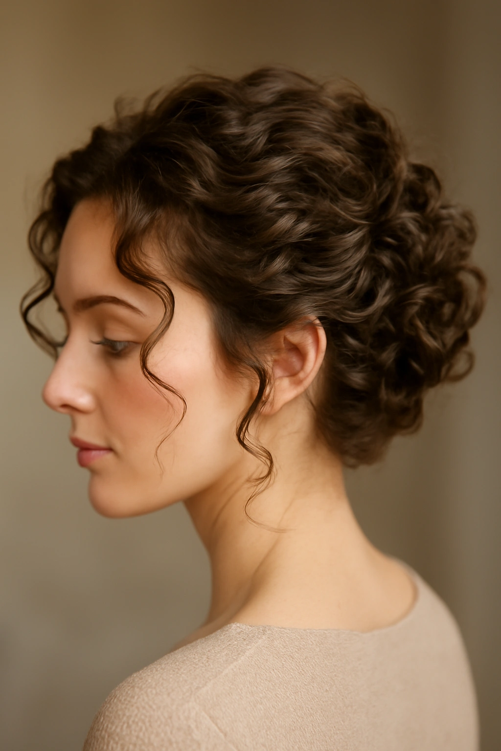 Romantic curly updo on short hair with curls framing the face